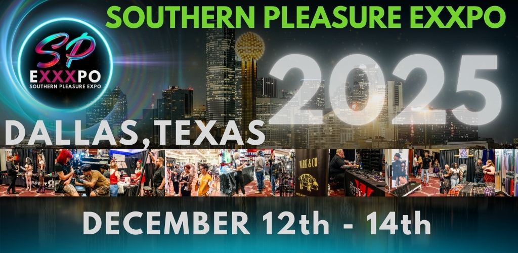 Illuminated "SP EXXXPO" marquee letters on stage at the Southern Pleasure Expo, set against a dark curtain with blue uplighting in a hotel ballroom setting