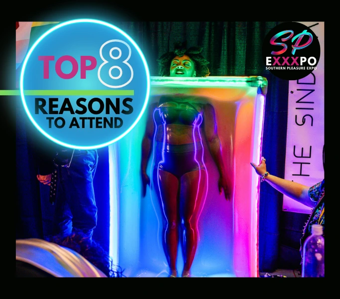 "EXXXPO Southern Pleasures Dallas promotional image showing interactive neon light display with attendees, featuring 'Top 8 Reasons to Attend' overlay text for December 2025 event"